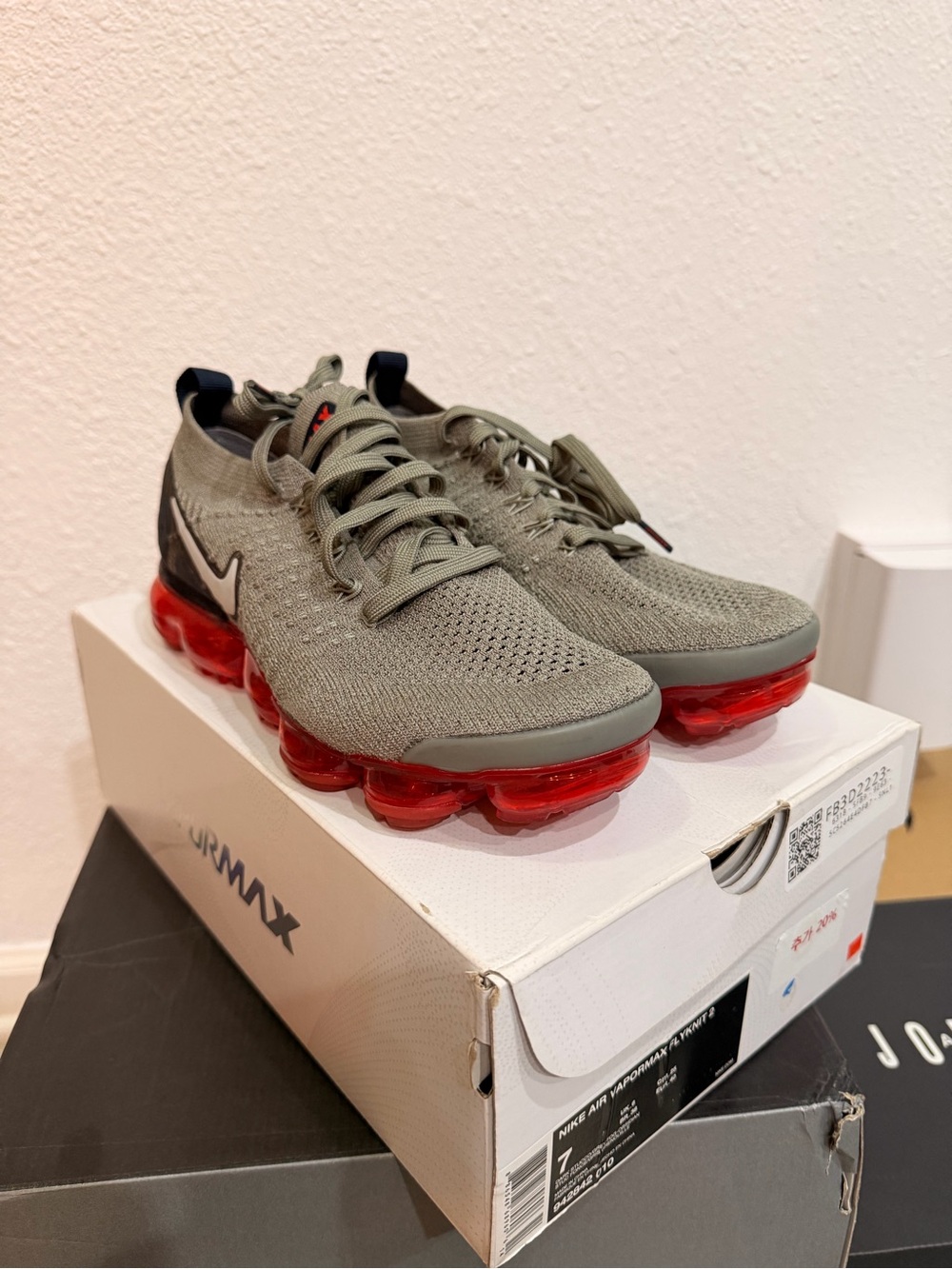 Nike Olive Green Knit Sneakers with Red VaporMax Sole